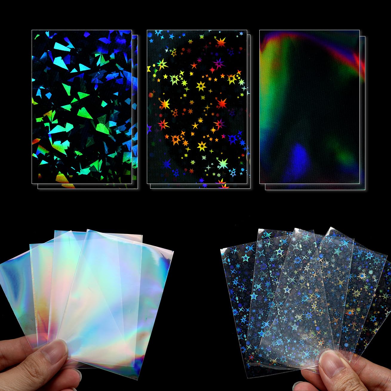 MSLSOZ 150 Pcs Photocard Sleeves, 3 Styles of One-Sided Laser Flashing Holographic Card Sleeves, Trading Cards Sleeve Foil, Card Protective Cover Foil Protective Sleeve (66x91mm)