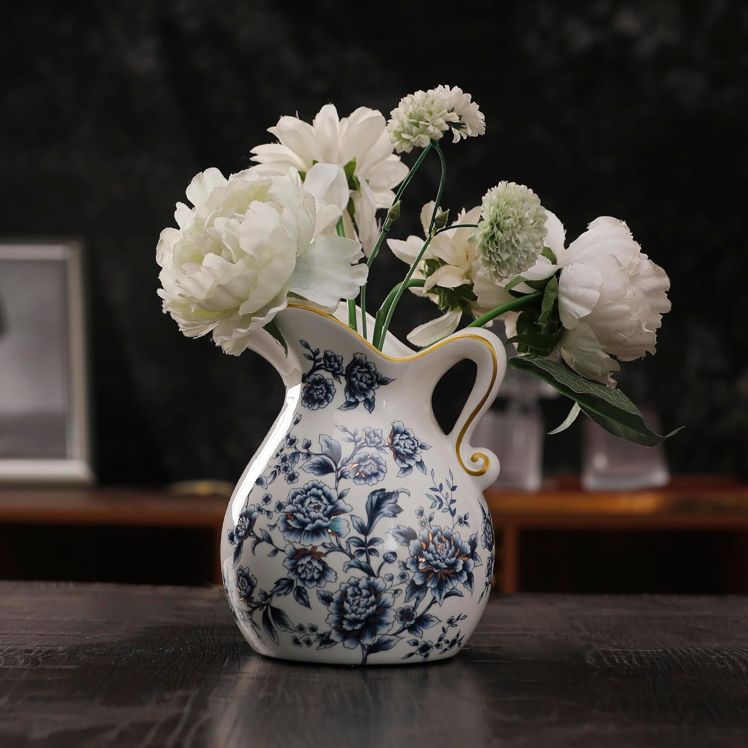 Blue and White Unique Vase with Hand Painted Gold-Handle, Rustic Ceramic Farmhouse Vases for Home Decor, Living Room, Bookshelf, Office, Grand Millennial Decors, Tuscan Decor 7.9 inch Tall.