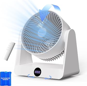 10"" Desk Air Circulator Fan with Remote, 90 +90 Oscillating Table Fan, Quiet Portable Battery Powered Fan for Bedroom, Home, Office, 12 Speeds, 12H Timer, White