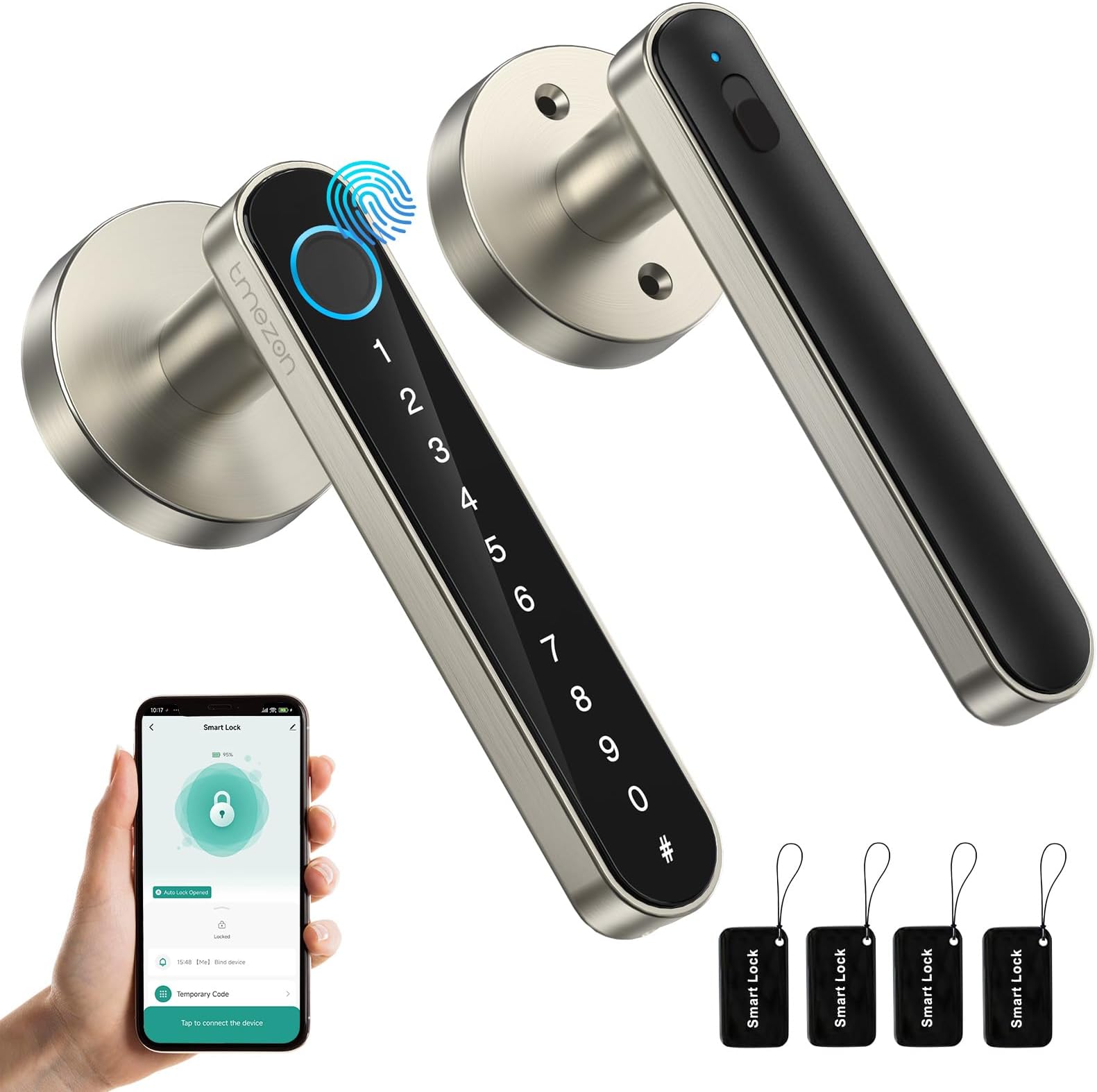 TMEZON Smart Door Lock Fingerprint, Keyless Entry Door Lock with Handle, APP/IC Cards/Codes/Keys/Fingerprints Biometric Electronic Keyless Entry Lock for Bedroom Home Hotel Office