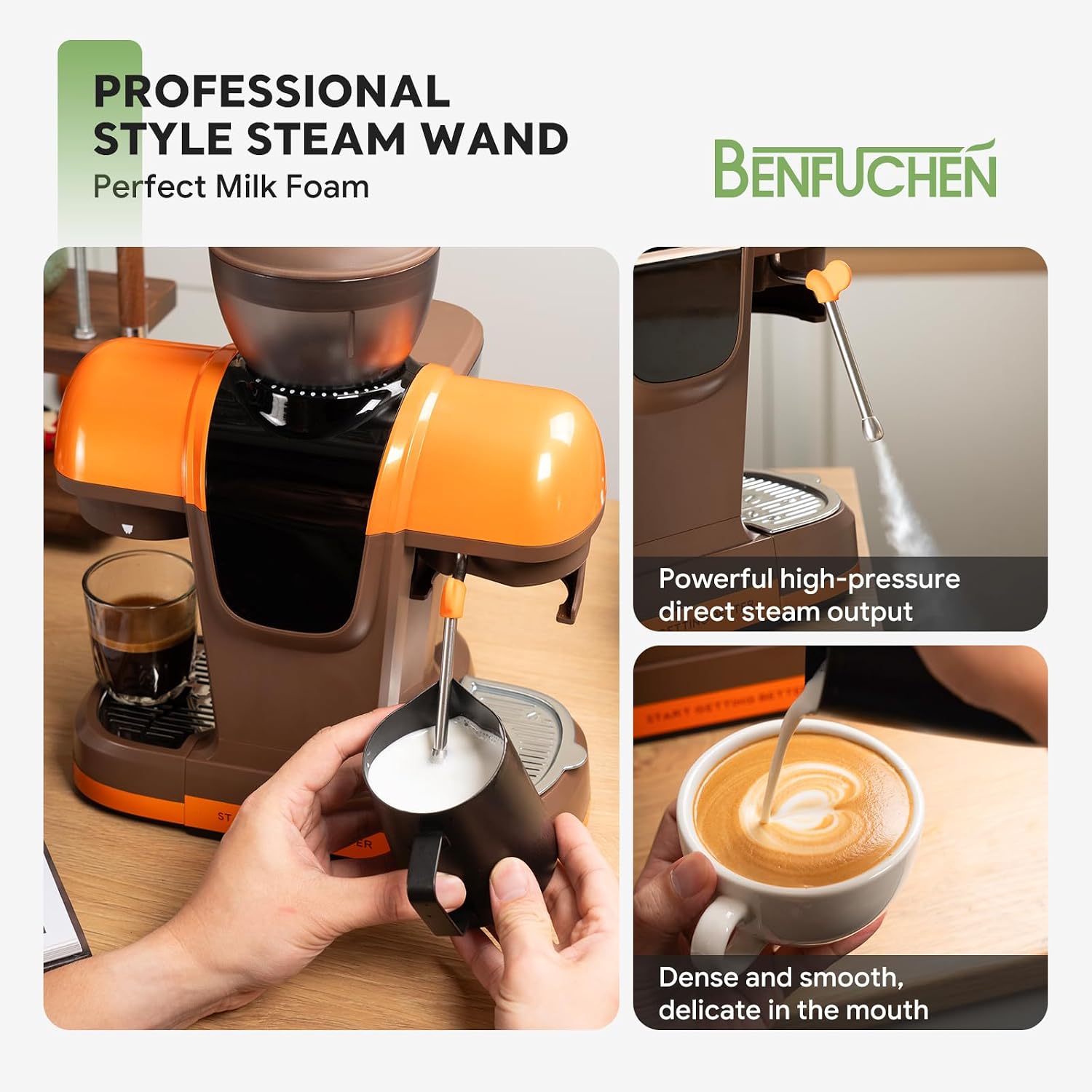 Semi-Auto Espresso Machine Built-In Grinder Steam Wand