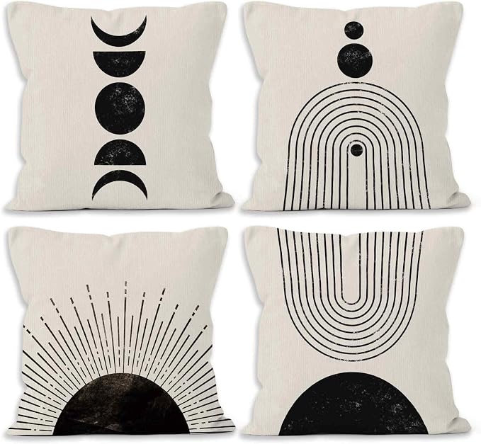 Black and White Boho Sun Moon Decorative Throw Pillows Covers, Abstract Bohemia Modern Line Arch Art Pillows Covers, Mid Century Decor Pillowcase for Home Decor, 18 x18 Pillowcase Set of 4