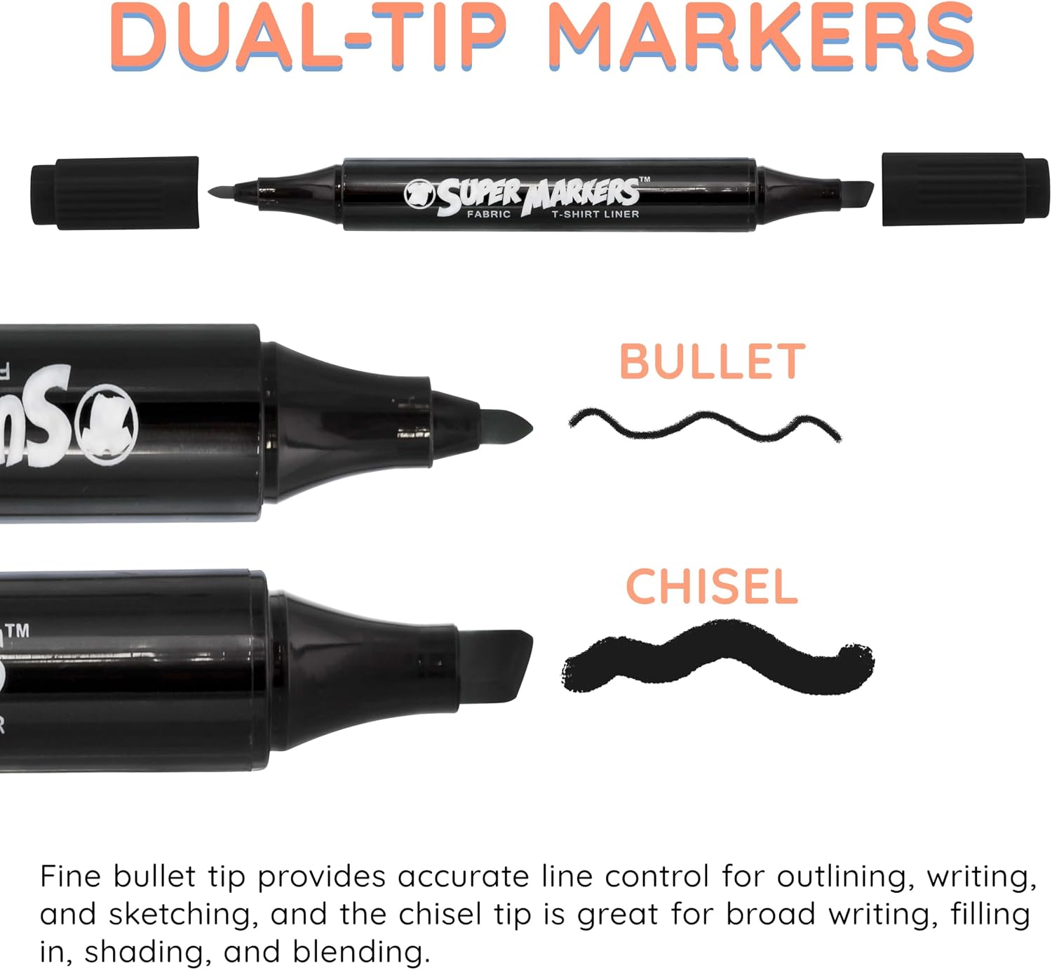 U.S. Art Supply Super Markers Black Dual Tip Fabric Markers Permanent for Clothes - Set of 6 Fabric Pens with Permanent Ink, Double-Ended with Chisel Point and Fine Point Tips