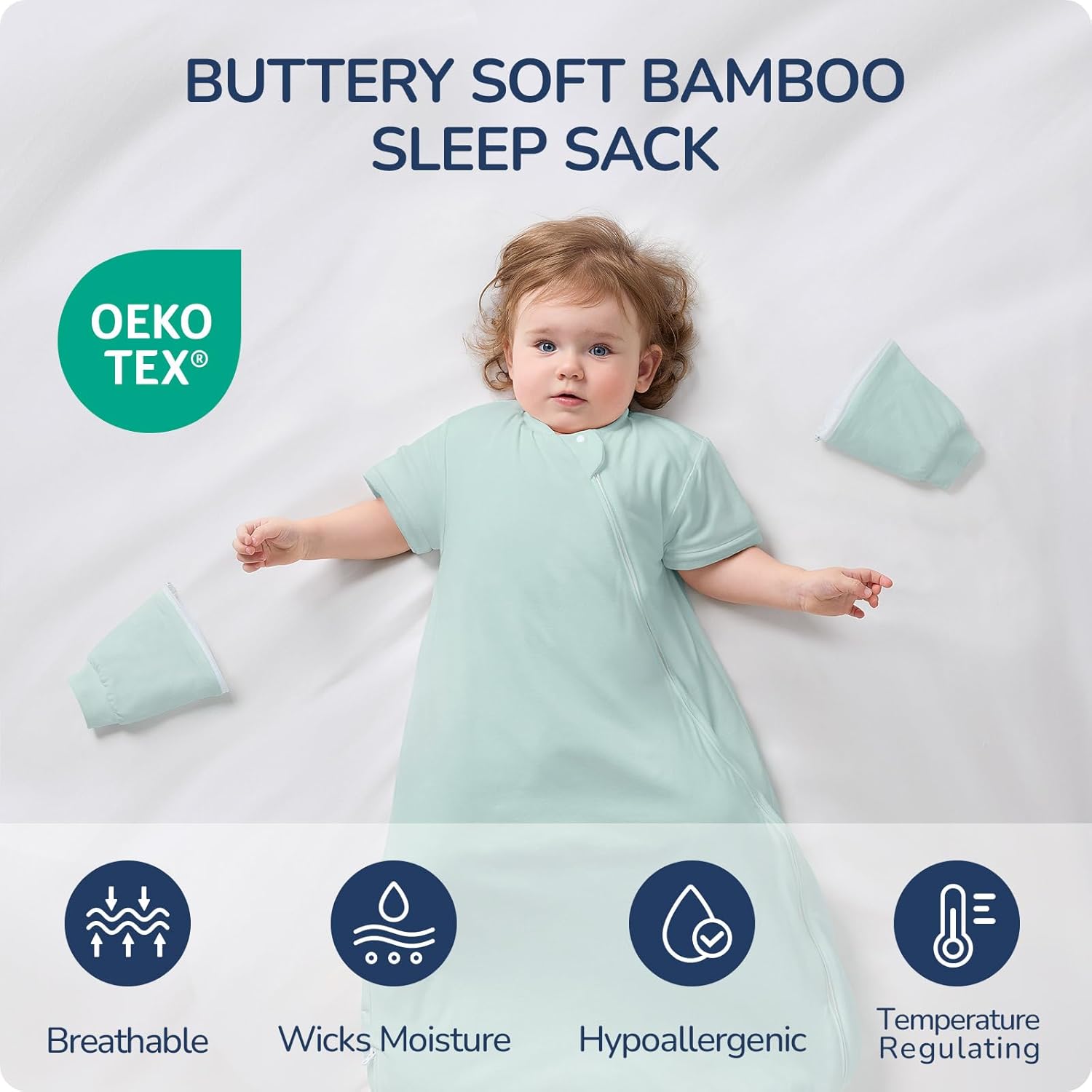 Rayon Made from Bamboo Sleep Sack 6-12 Months, Detachable Sleeves - Adjustable Warmth to Prevent Overheating, 1.0 TOG Breathable Wearable Blanket Toddler Sleeping Bag, Safe for Night Sleep