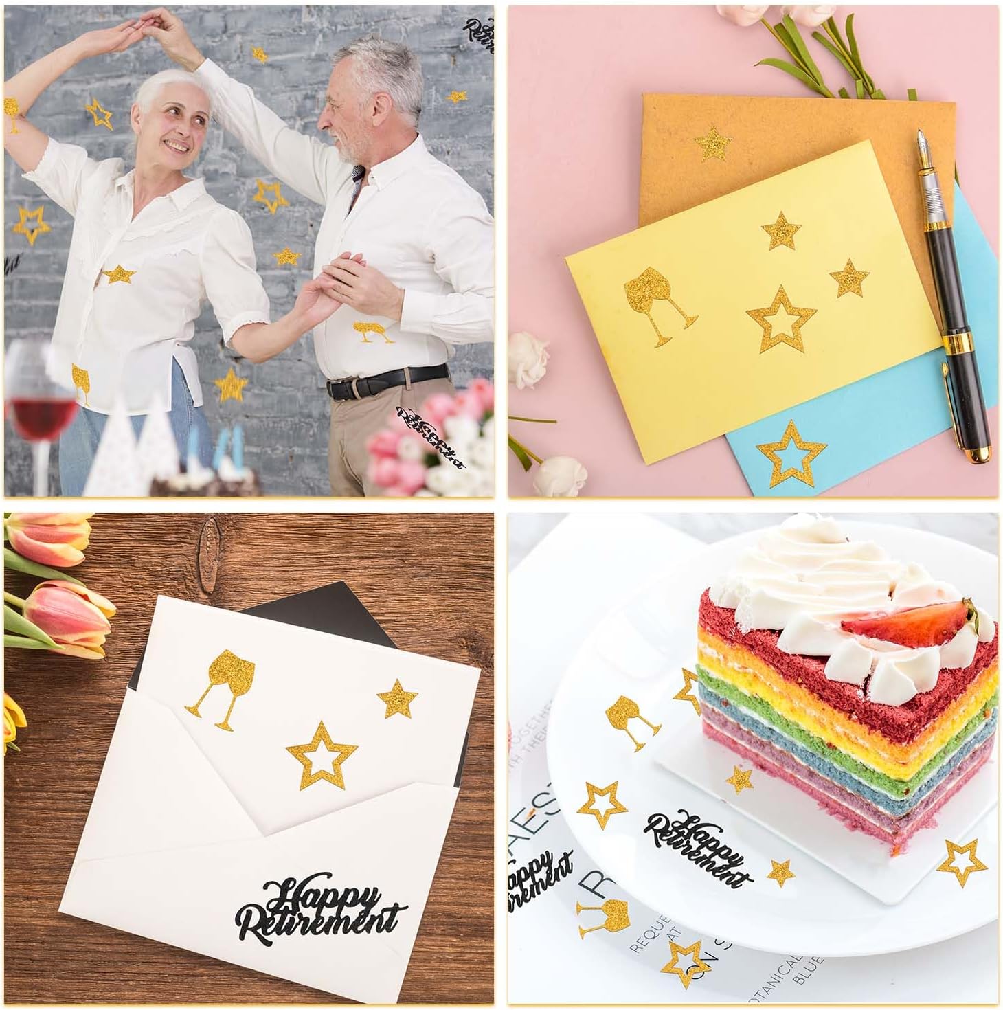100pcs Gold Confetti, 4 Design Happy Retirement Confetti Wine Glass Five-Pointed Star Letters Birthday Table Decorations Gold Table Scatter for Wedding Office Farewell Party Celebration Supply