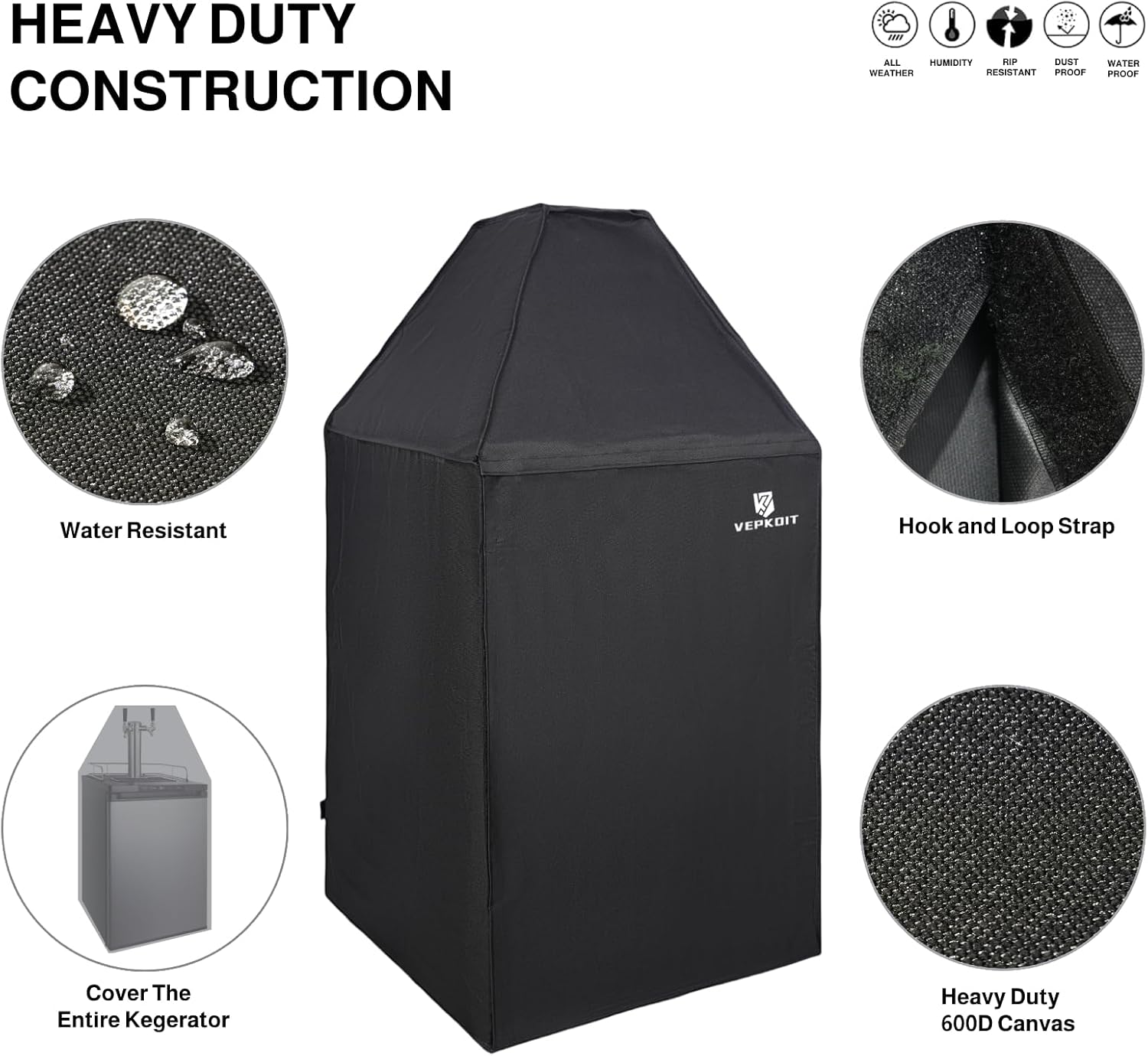 Kegerator Beer Tower Cover, Residential Kegerator Cover for Outdoor Use, Waterproof Keg Beer Dust Cover for Double or Triple Tap Draft Beer Tower, Kegerator Accessories - Black