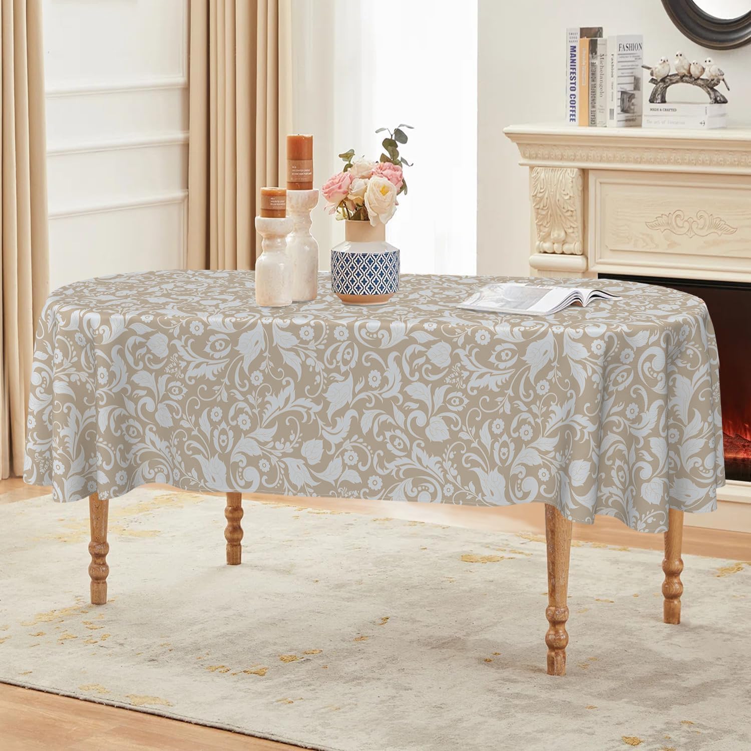 Amazon.com: ZORKET Oval Tablecloth 60 x 84 Inch, Vintage Floral Beige ...