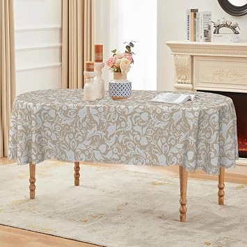 Oval Tablecloth 60 x 84 Inch, Beige Baroque Floral Flower Oval Table Cloth, Washable Wrinkle Free Oval Table Cover for Kitchen Dinning Party