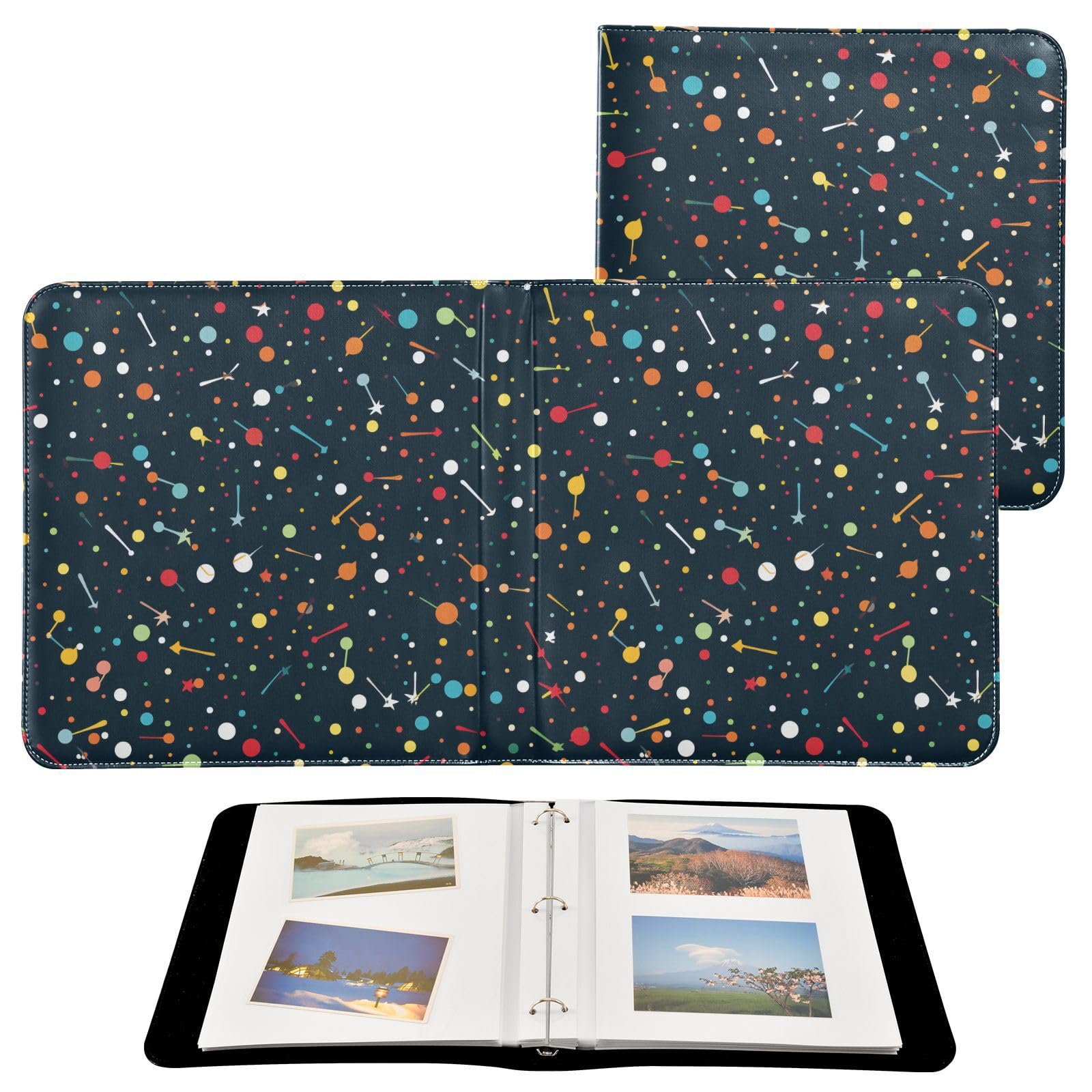 JIPONI Cute Spots and Colorful Stars Large Photo Album, DIY Leather Cover Scrapbook Albums for 4x6 5x7 6x8 Pictures, Self Adhesive Memory Book for Wedding, Baby, Family