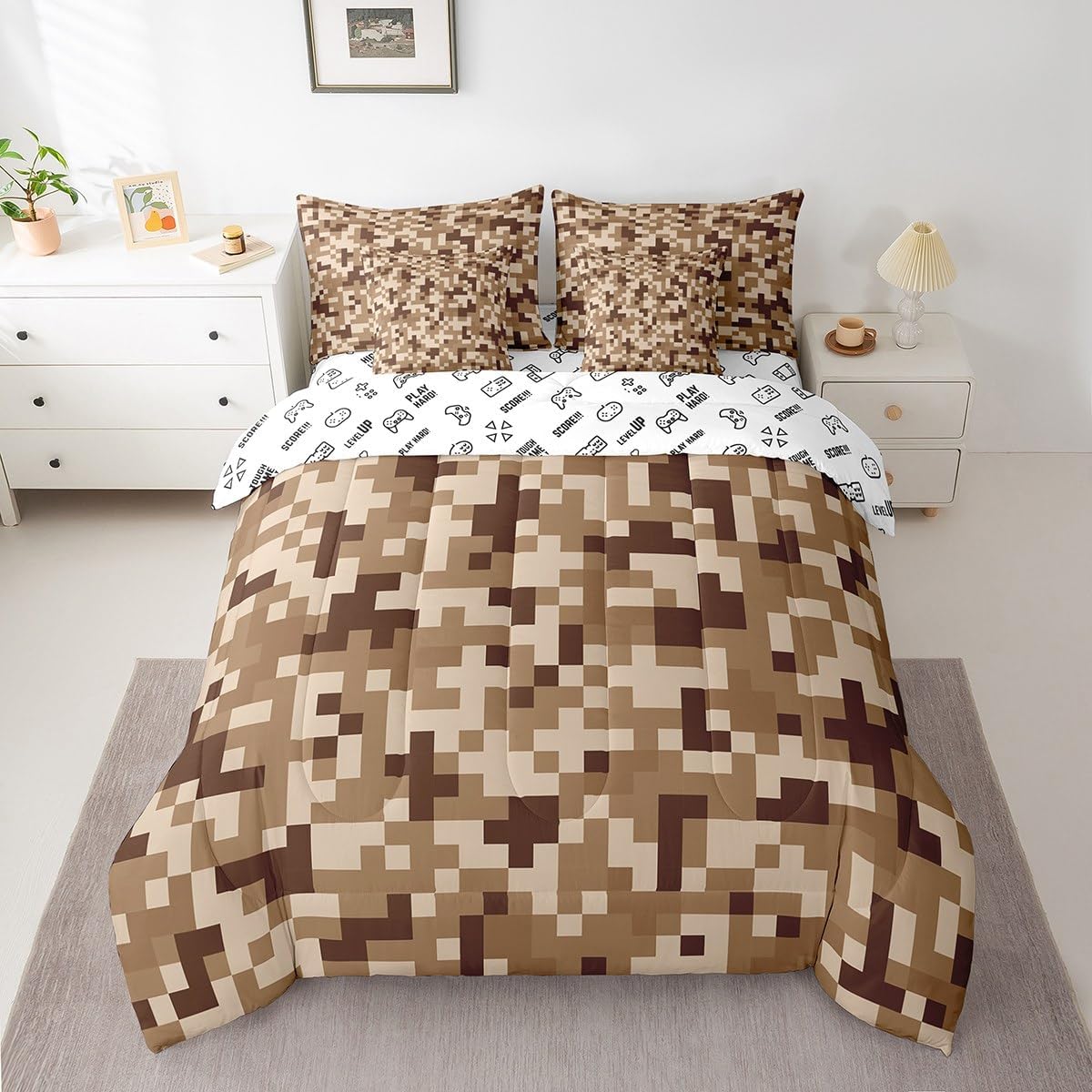 Brown Grid 7Pcs Comforter Set Full Size for Kids Boys,Sandbox Pixelated Themed Fitted Flat Sheet Teens Men Gamer Room Decor,Miner Style Checked Bedding Sets Desert Style 2 Throw Pillow,2 Pillowcases image 2