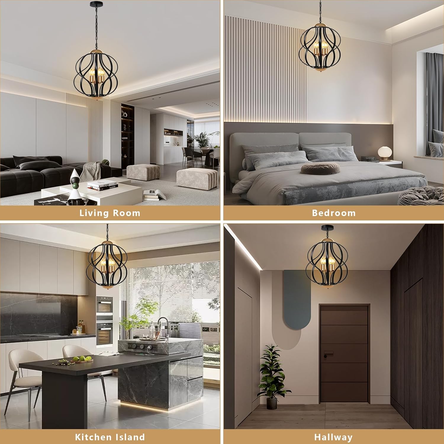 Black and Gold Chandelier for Dining Room, 4-Light Modern Farmhouse Chandelier Light Fixture, Adjustable Industrial Pendant Lights Kitchen Island, Hanging Chandeliers for Living Room Foyer
