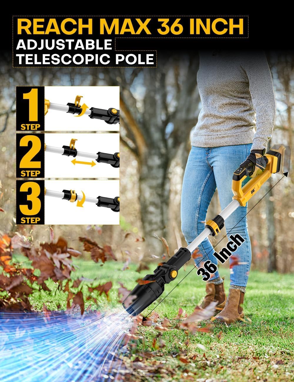 Leaf Blower Cordless for DEWALT 20V Max Battery, 31000RPM Brushless Motor, 650CFM / 280MPH, 60° Adjustable Head, Telescopic Pole & 3-Speed Electric Blowers for Lawn Care, Wet Leaves, Snow Removal
