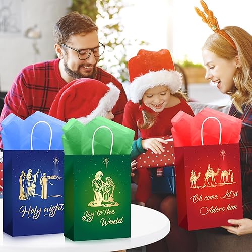 Miniatura 7 de Pasimy 48 bolsas de regalo de Navidad con 24 bolsas de papel cristianas para regalos religiosos cristianos con 24 pañuelos, versículos de la Biblia,