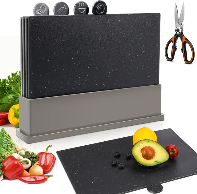 MASTERTOP Index Chopping Board Set, BPA Free Plastic Chopping Boards with Storage Stand, Non Slip Kitchen Cutting Boards, Grey, Set of 4