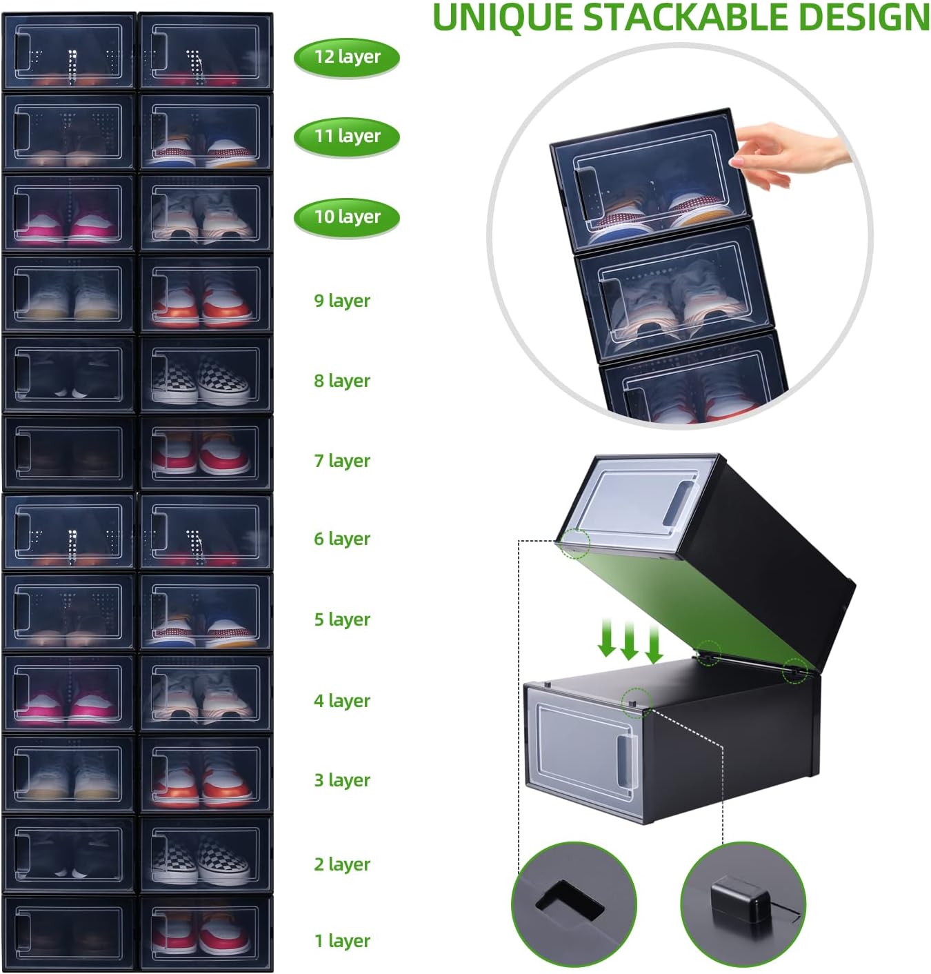 Shoe Storage Organizer, Ohuhu 12 Pack Shoe Box Stackable Foldable Sneaker Case Container Display Bins Boot Holder Drawer Type Front Opening Black Plastic for Closets and Entryway Fit up to US Size 9.5
