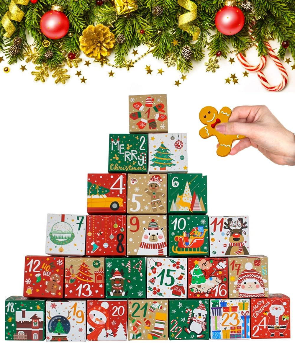 24 Pcs DIY Christmas Advent Calendar Boxes, 24 Days Advent Countdown Gift Boxes, Christmas Cardboard Number Boxes for Kids and Family, Xmas Holiday Decoration.