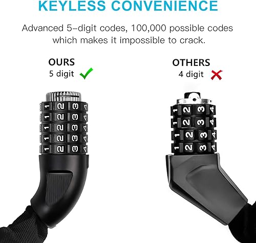 Miniatura 2 de UBULLOX Candado de cadena de bicicleta de 3 pies con combinación de 5 dígitos, cerradura antirrobo, cadena de acero reiniciable de 0.236 in de