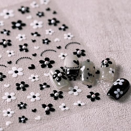 5D Embossed Flower Nail Art Stickers Black White Flower Nail