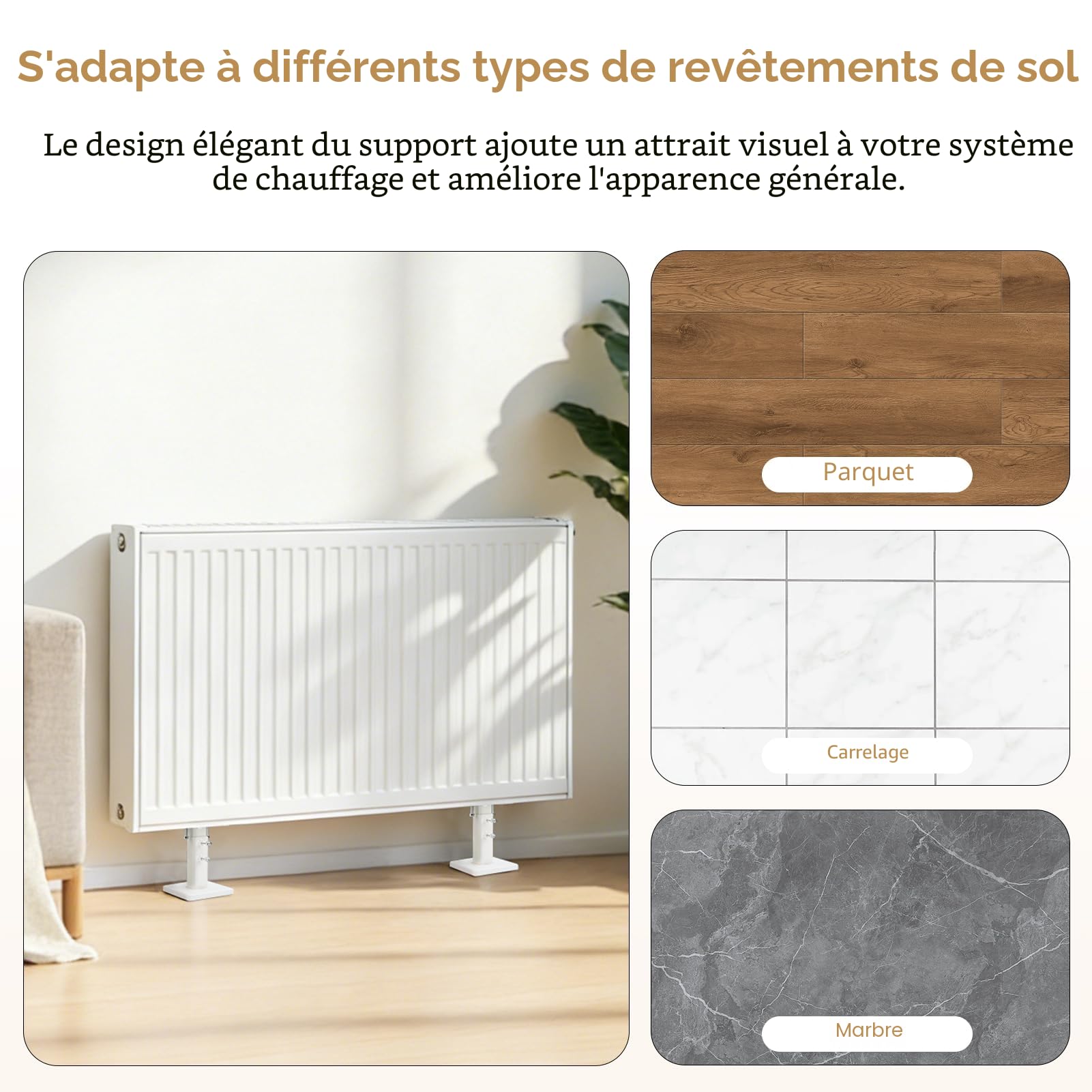 Kit de pieds de radiateur à montage au sol, supports de radiateur réglables en acier, kit de pieds de montage au sol, blanc + argent