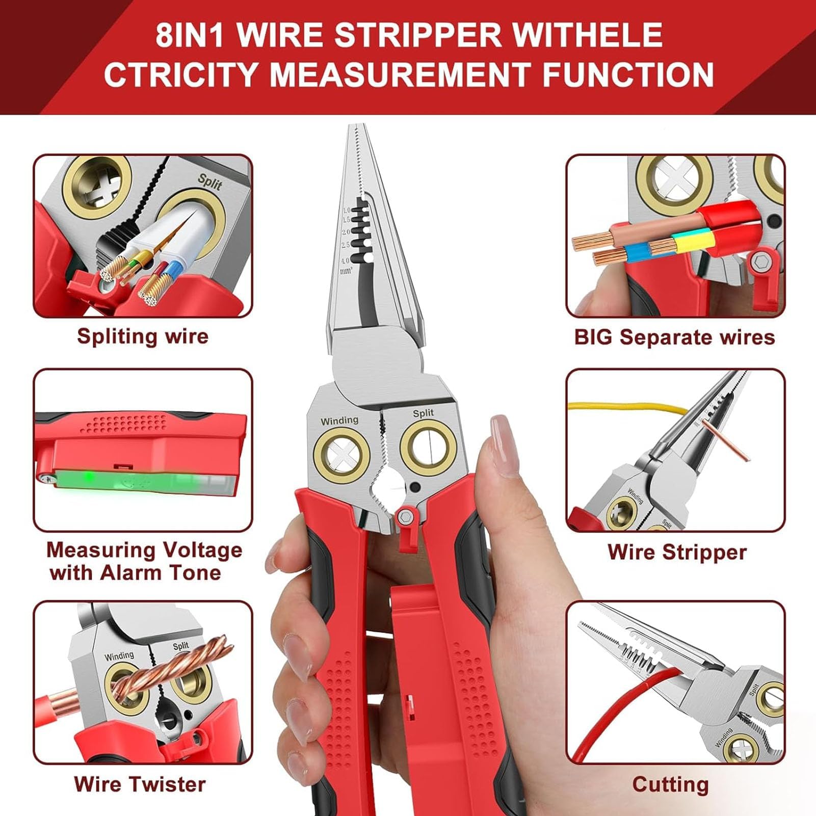 Pelacables 8 en 1 con probador de tensión, pinza eléctrica profesional multifuncional con cortacables y engarzado, herramientas de separación, pelado de cables (Verde)