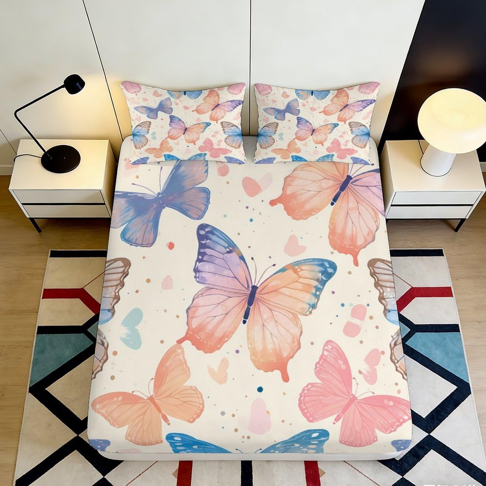 3D Printed Watercolor Butterfly Fitted Sheet Microfiber Soft Pastel Floral Bed Cover for Bedroom Dorm Mattress Decor 90x200x25cm
