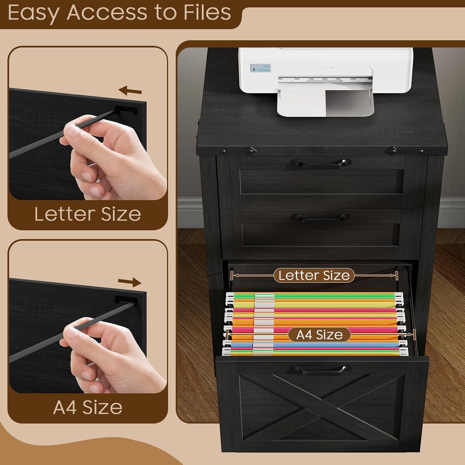 Vabches Vertical File Cabinet with 3 Drawers, Wooden Farmhouse Filing Cabinet for Letter/A4 Size Hanging Files, Under Desk Printer Stand with Storage for Home Office, Black