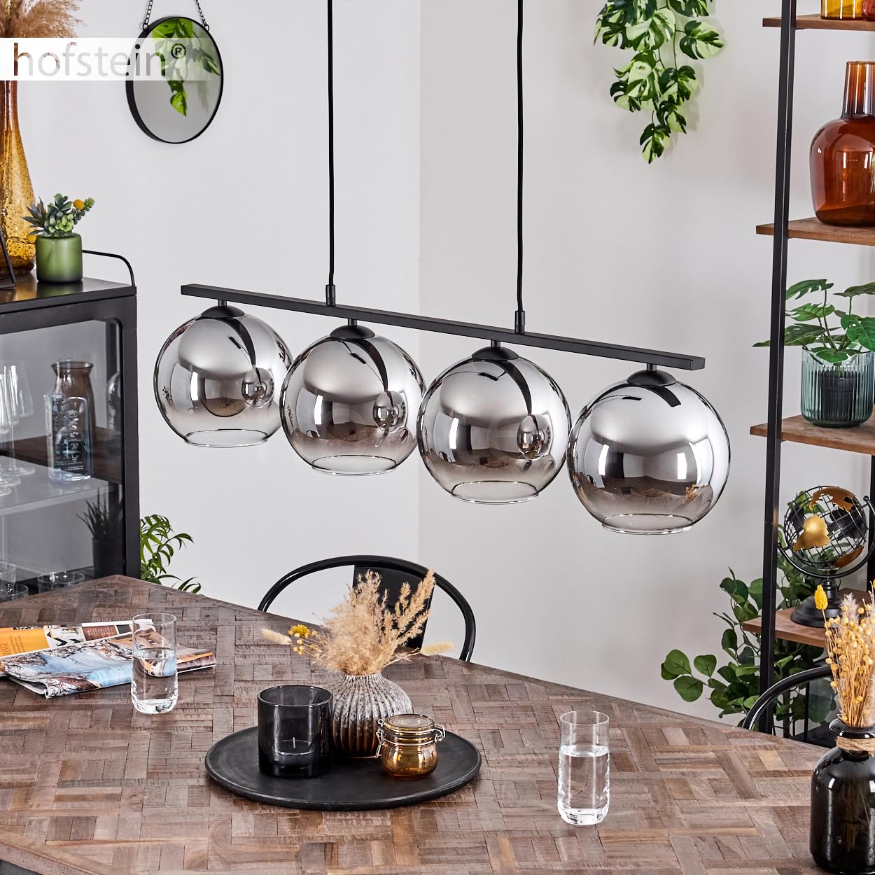 Pendelleuchte Koyoto, Hängelampe aus Metall/Glas in Schwarz/Chromfarben/Klar, Hängeleuchte im Retro/Vintage-Design mit Glasschirmen (Ø 20 cm), 4-flammig, Höhe max. 116,5 cm, 4 x E27, ohne Leuchtmittel