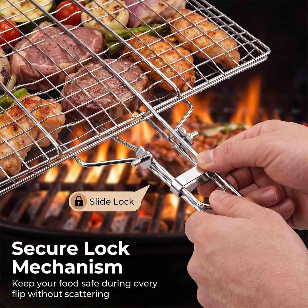Cestello Grill BBQ con Blocco, Cestello Pieghevole in Acciaio Inox con Manico in Legno, Barbecue Portatile per Pollo, Pesce, Verdure, Bistecca e Cucina Esterna | 1