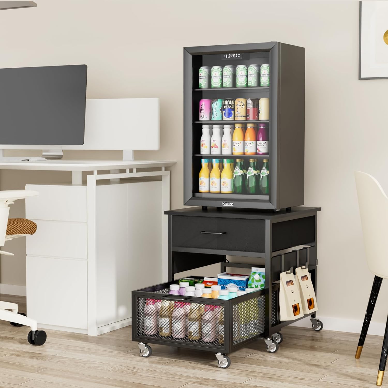 VOWNER Mini Fridge Stand with Storage, Heavy Duty Small Refrigerator Stand Cart with Power Outlets, with Drawer and Lockable Wheels, 19.7x19.7in Tabletop for Dorm Apartment Office, Black