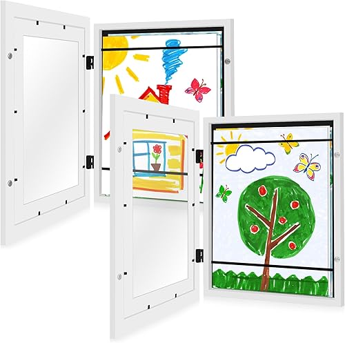 Vista 18 de Americanflat - Paquete de 4 - Marco de arte para niños intercambiable (multicolor) - Puerta magnética con capacidad para 100 piezas de arte - Rojo