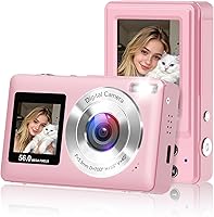 CEYE 56MP Pink Digital Camera with Dual Screens, 16X Zoom, Smile Capture & Anti-Shake - Compact Vlogging Cam for Kids Teens