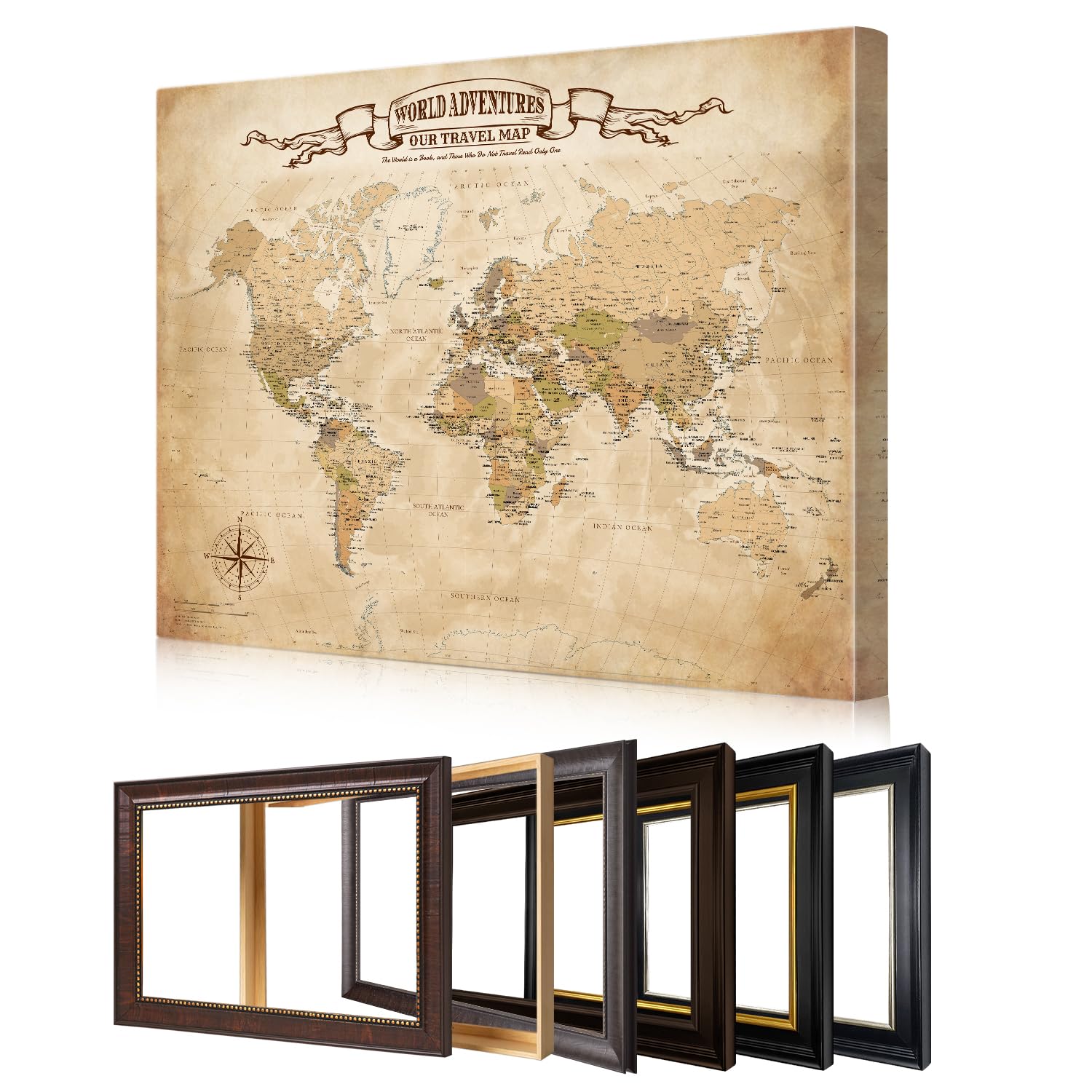 DECORARTS Personalized World Travel Map with Pins,Antique Canvas 20x16''