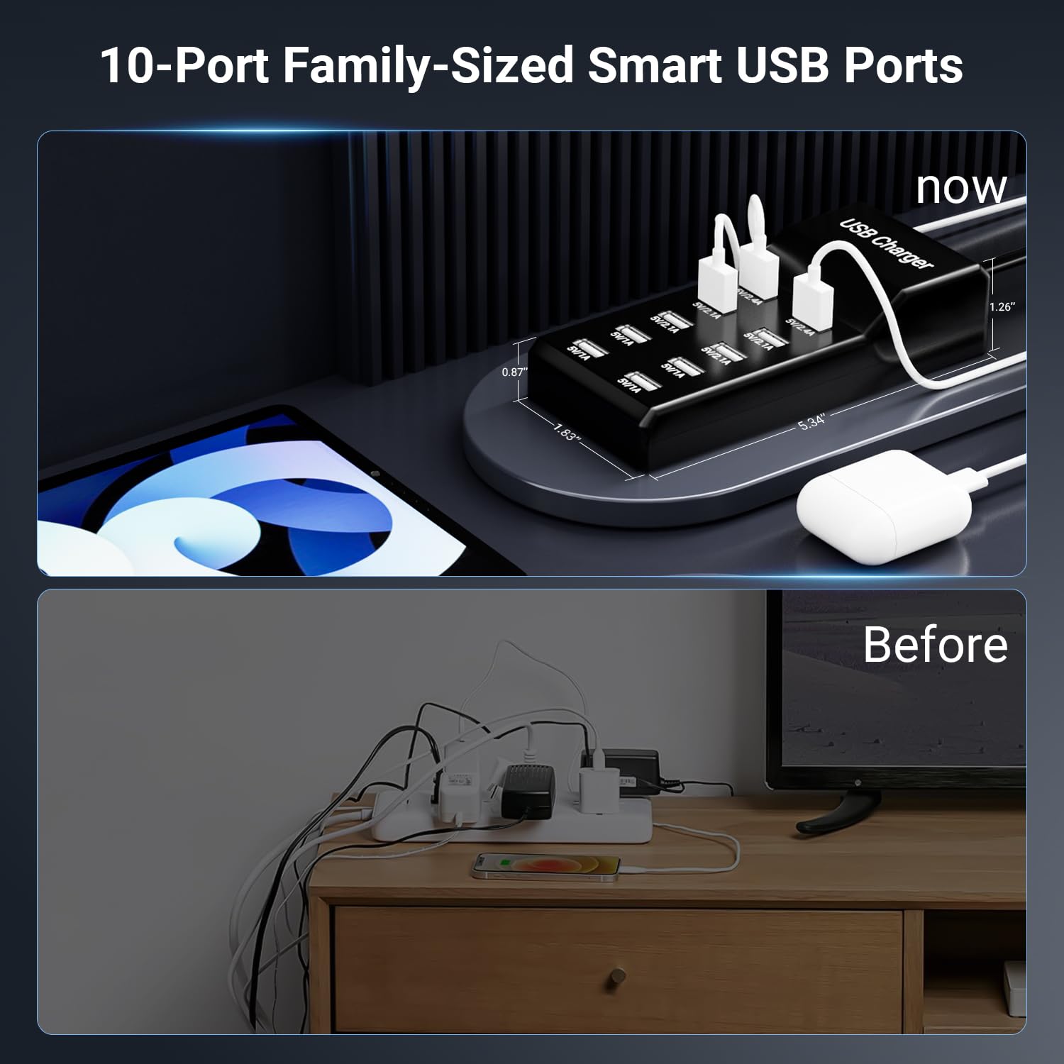 USB Charging Station 50w10A 10-Port USB Charger, Multiport USB Charger Station Hub, Compatible with iPhone, Galaxy, iPad Tablet, and Other USB Charging Devices