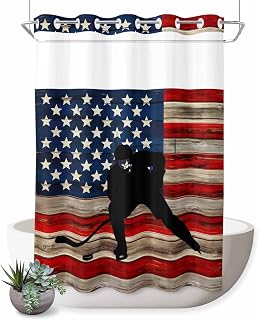 No Hooks Shower Curtain, Retro American Flag on Red Brown Stripes Waterproof Shower Curtains with See Through Top Window, Hockey Sport Player Washable Bathroom Curtain,60x72IN