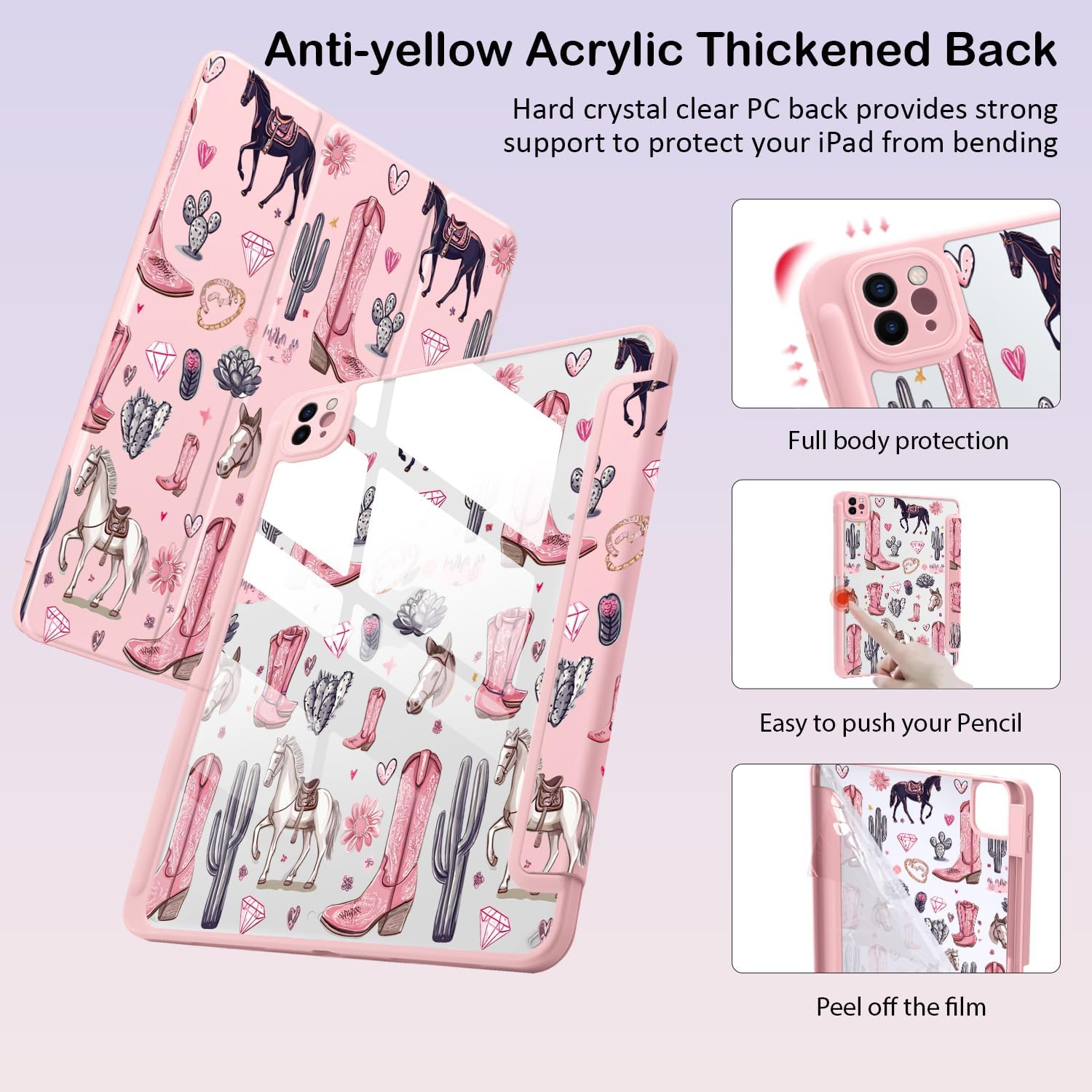 Cute Western Cowboy for iPad (A16) 11th Generation Case 11 Inch 2025, for iPad 10th Gen Case 10.9 Inch 2022 with Pencil Holder, Auto Sleep/Wake, Pink Leather Clear Acrylic Back Cover