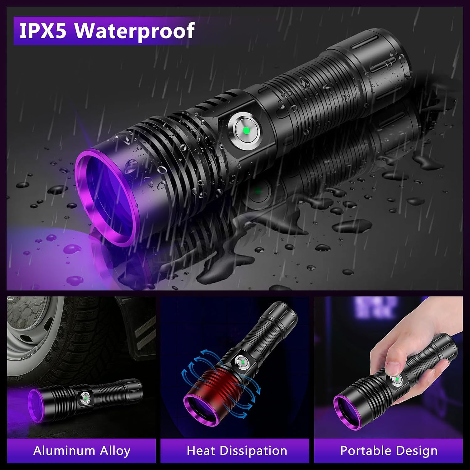 WINDFIRE UV Flashlight Rechargeable, 365nm Blacklight Flashlights Powerful, Black Light for Pet Urine Detection, Scorpions, Resin Curing, Rocks, Blood Tracking, Uranium Glass