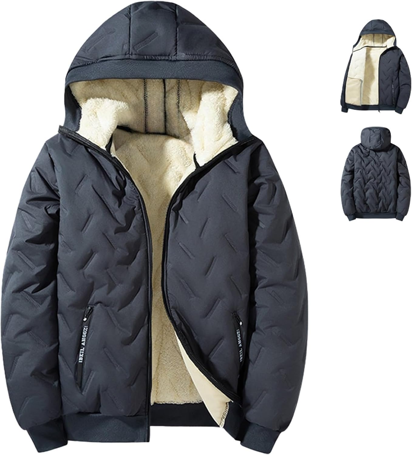 Men's Fleece Lined Full Zip Hoodie, Winter Windproof Thicken Thermal Sherpa Lined Quilted Jacket Comfort Cotton Coat