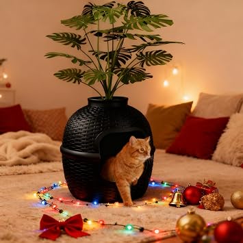 Hidden Litter Box with Faux Plant, Large Cat Litter Box with Rattan Pattern, Heavy Duty PP Material Litter Box Enclosure Furniture for Home Decor, Charcoal Black
