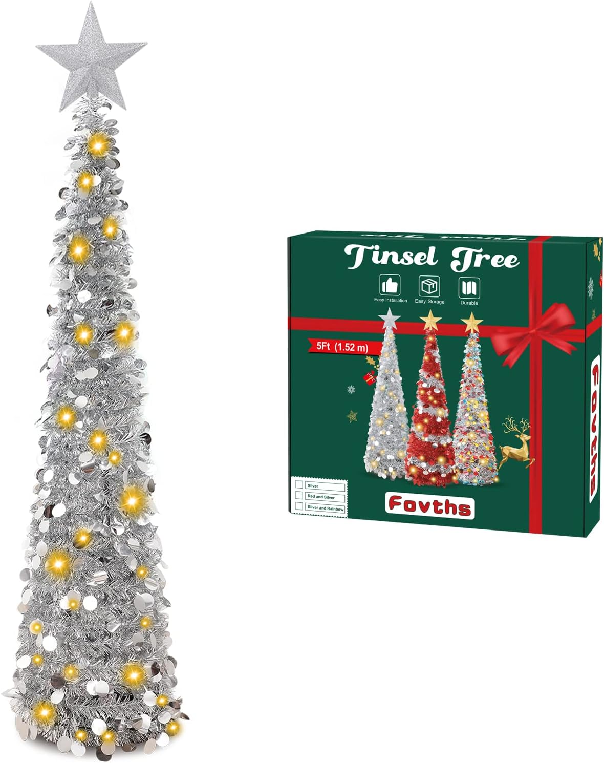 Fovths 5 Feet Christmas Collapsible Artificial Tree, Pop Up Small Thin Silver Tinsel Sequin with 60 String Lights and Gold Tree Top Star for Holiday Party Decorations Indoor Outdoor