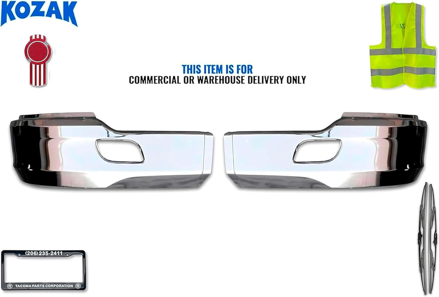 KOZAK Bumper Steel Chrome Extension Corners Set (Driver Left & Passenger Right Side) with Brackets Compatible with Kenworth T680 PLUS 2x 22" Windshield wipers, Logo, License Plate Frame and Vest