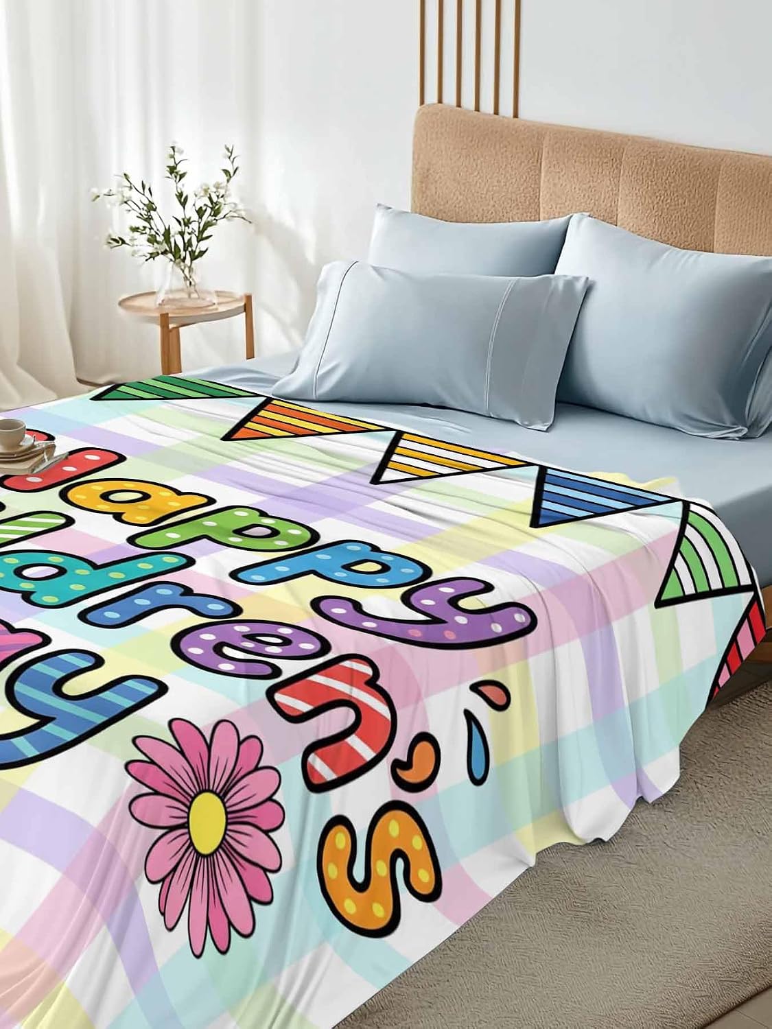 Full Flat Sheet, Children's Day Full Bed Sheets Only, Soft Microfiber Flat Sheet, Cartoon Colorful Polka Dot Flowers Leaf Plaid Hotel Quality Bedding Top Sheet Bedroom Home Dorm Decor