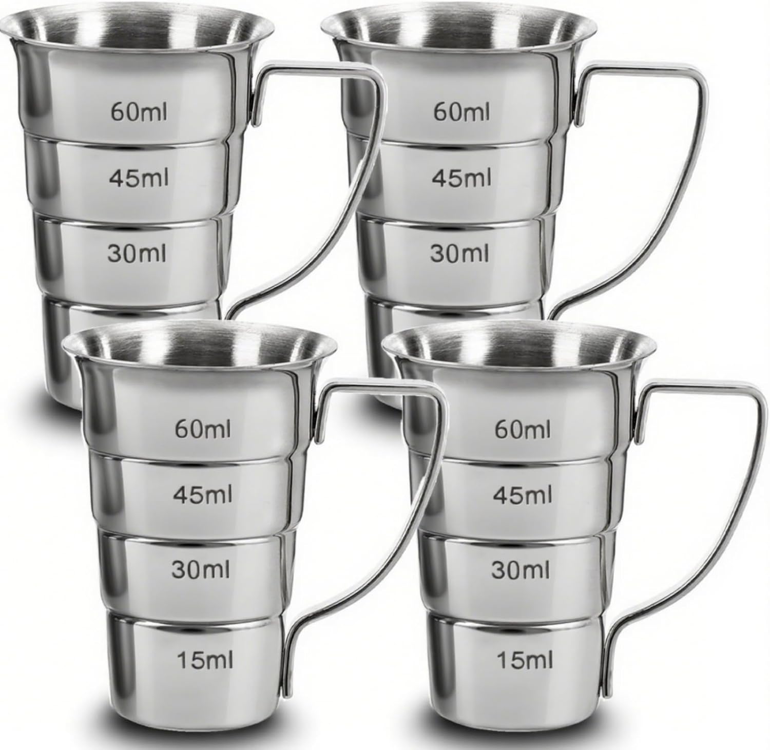 4 Pieces Stepped Jiggers with Handle, 2 oz Cocktail Jigger for Bartending, 304 Stainless Steel Liquor Measuring Cups, Shot Measure Cup for Bar Supplies Restaurant, Dishwasher Safe, Silver