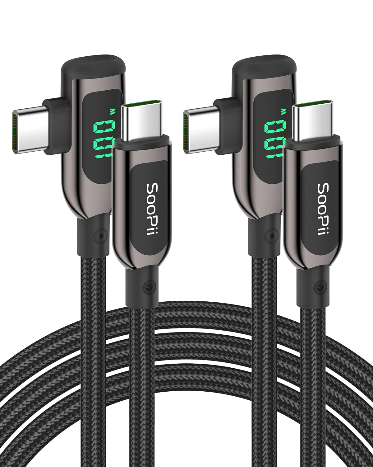 SOOPII 100W Right Angle USB C to USB C Cable with LED Display, 6.6FT Zinc Alloy Nylon Braided USB C PD Charger Cable,Fast Type C to Type C Charging Cord for lPhone 15,iPad Pro,MacBook Pro,Galaxy S23