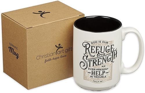 Miniatura 7 de Christian Art Gifts Taza grande de cerámica para café y té para hombres y mujeres con escritura alentadora refugio y fuerza, versículo bíblico