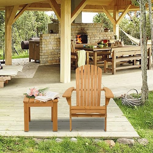 Miniatura 5 de Juego de 3 sillas Adirondack plegables cómodas con mesa auxiliar, madera de abeto, acabado natural, ahorro de espacio para patio y jardín al aire
