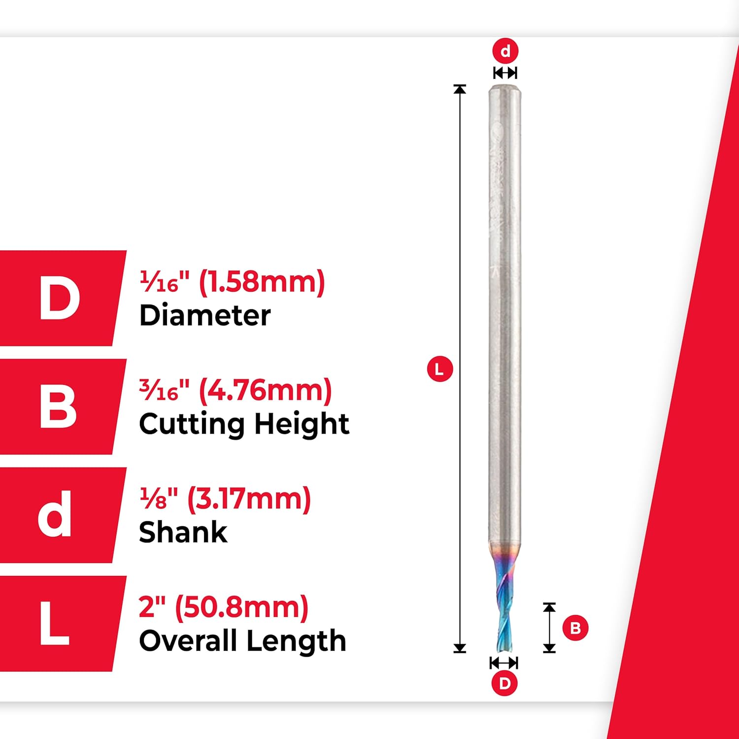 Amana Tool Solid Carbide Spektra Extreme Tool Life Spiral Plunge Router Bit Down-Cut, 46237-K, 1/16 Dia x 3/16 CH x 1/8 Inch Shank 2 Inch L
