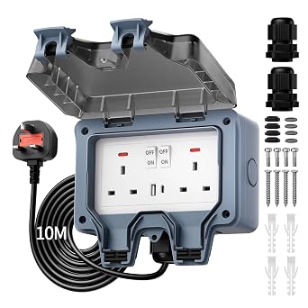 Joinfworld Double Outdoor Socket with 10M Extension Lead, USB & TypeC Ports
