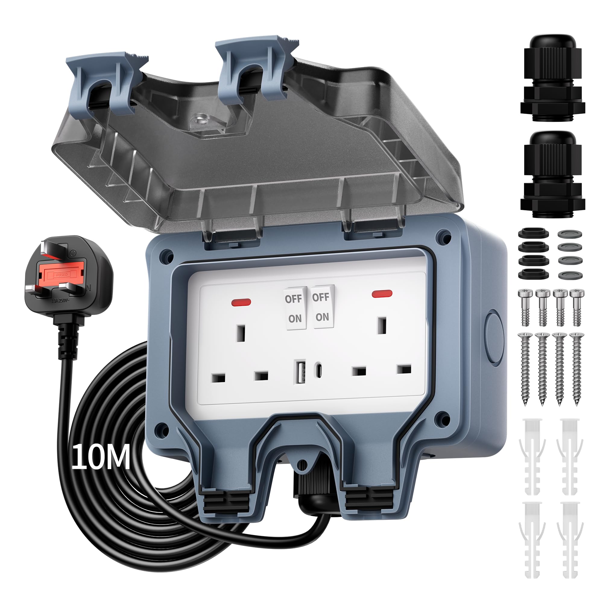 Joinfworld Double Outdoor Socket with 10M Extension Lead, USB & TypeC Ports