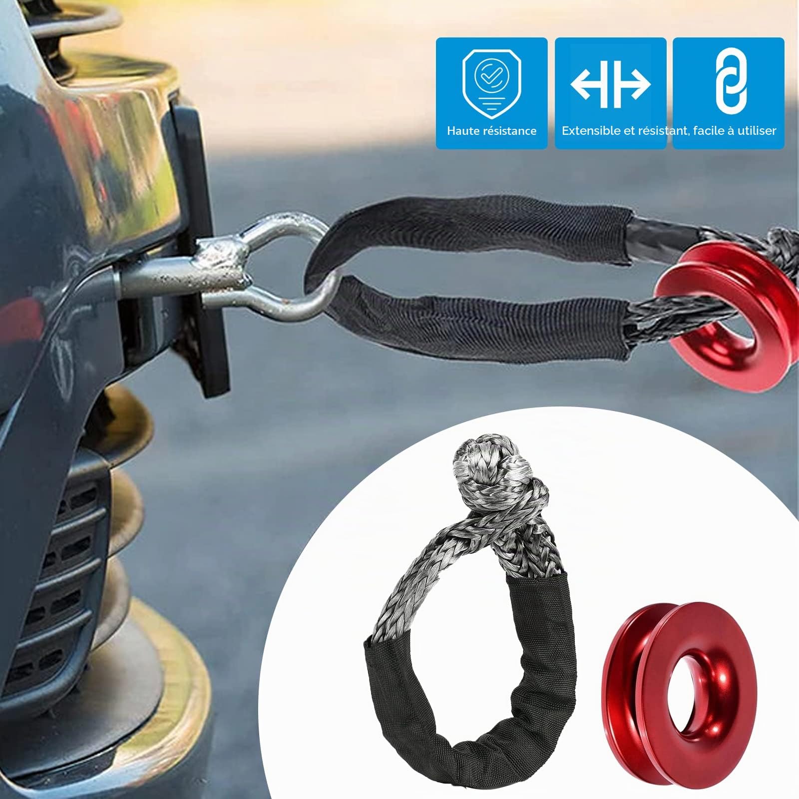 Manille synthétique 1/2 treuil avec récupération, 41000LBS & manchons de protection, kit de manilles souples pour ATV, UTV, SUV, tout-terrain, remorquage, chariots (shackle souple noir)