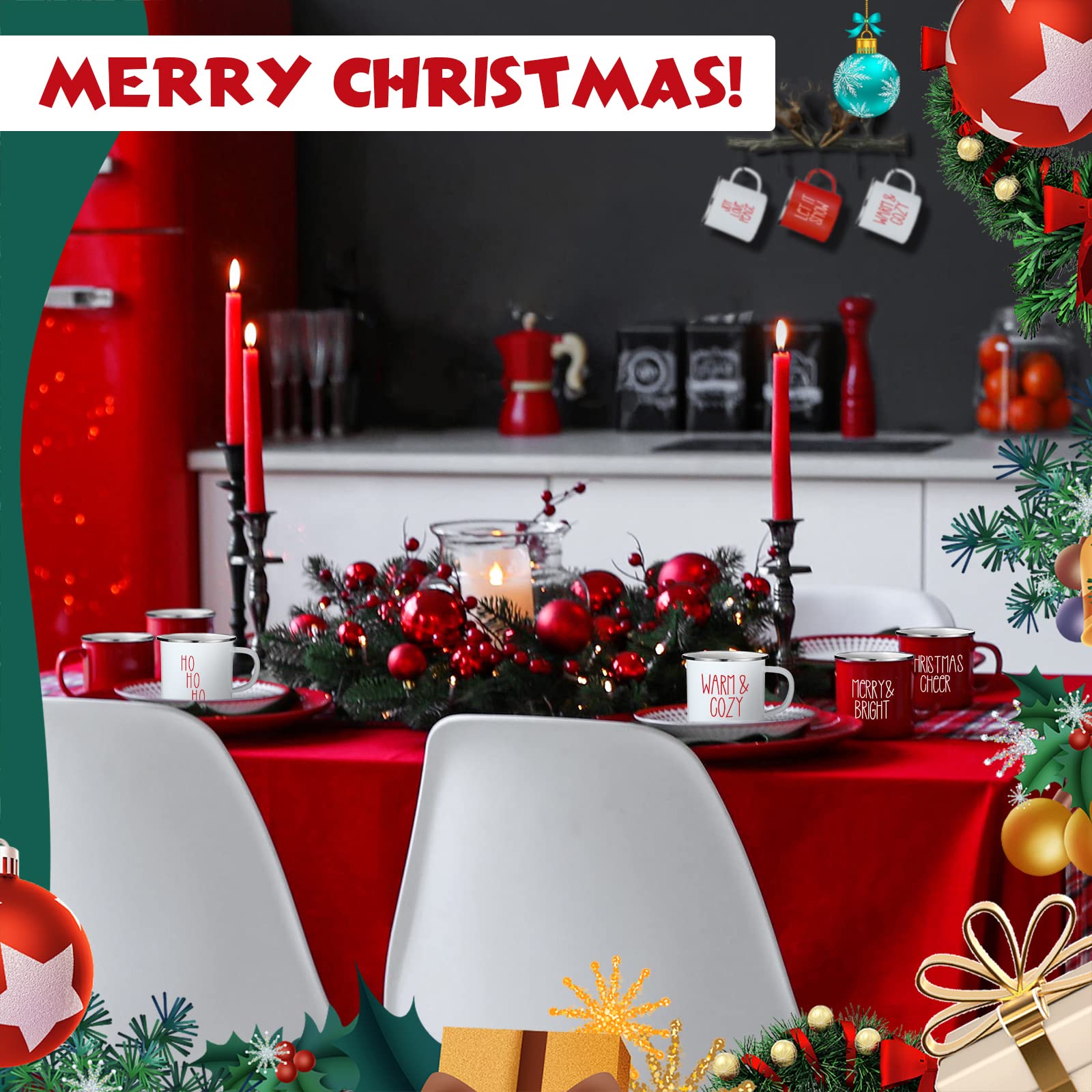 Sieral Taza de café esmaltada de Navidad, tazas de café de invierno con citas, tazas de Navidad de temporada de 12 onzas, tazas de Navidad blancas y rojas, tazas de café divertidas para mujeres,